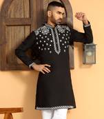 Embroidered sequenced cotton silk black kurta with white trouser pant