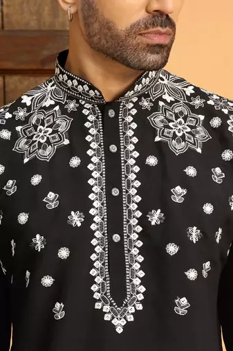Embroidered sequenced cotton silk black kurta with white trouser pant