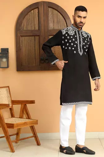 Embroidered sequenced cotton silk black kurta with white trouser pant