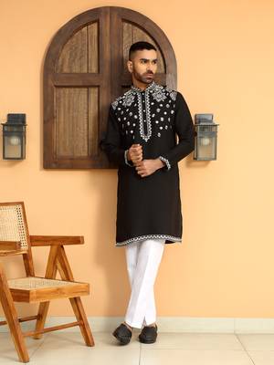 Embroidered sequenced cotton silk black kurta with white trouser pant 5