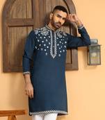 Embroidered sequenced cotton silk blue kurta with white trouser pant