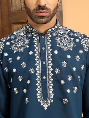 Embroidered sequenced cotton silk blue kurta with white trouser pant 2
