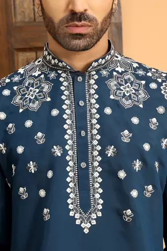 Embroidered sequenced cotton silk blue kurta with white trouser pant