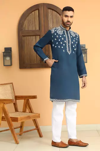 Embroidered sequenced cotton silk blue kurta with white trouser pant