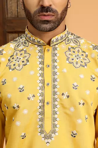 Embroidered sequenced cotton silk mustard kurta with white trouser pant
