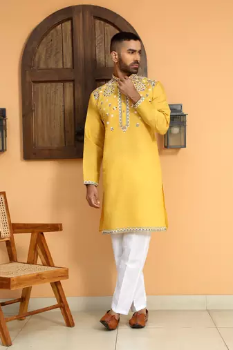 Embroidered sequenced cotton silk mustard kurta with white trouser pant