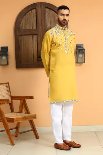 Embroidered sequenced cotton silk mustard kurta with white trouser pant