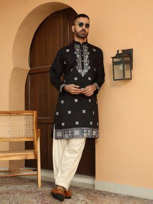 Cotton silk embroidered yoke design black kurta with beige patiala salwar 1