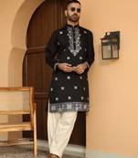 Cotton silk embroidered yoke design black kurta with beige patiala salwar