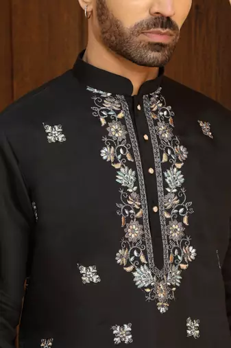 Cotton silk embroidered yoke design black kurta with beige patiala salwar