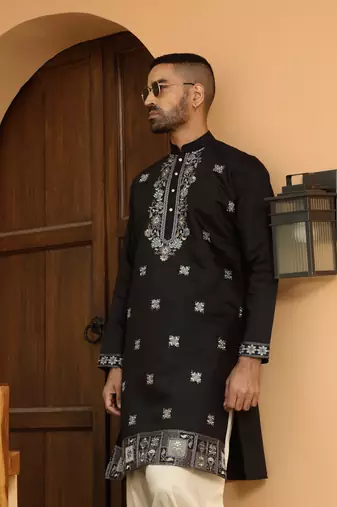 Cotton silk embroidered yoke design black kurta with beige patiala salwar