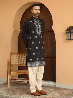 Cotton silk embroidered yoke design black kurta with beige patiala salwar 5