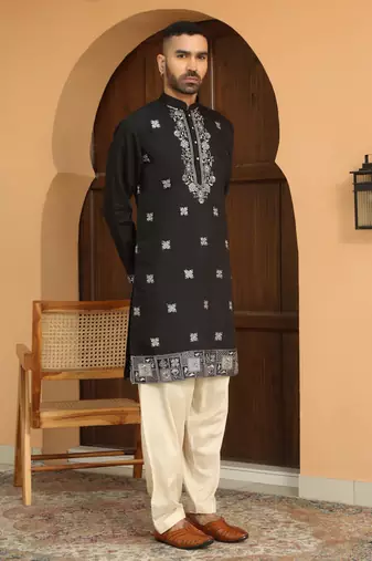 Cotton silk embroidered yoke design black kurta with beige patiala salwar