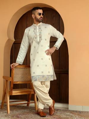 Cotton silk embroidered yoke design cream kurta with beige patiala salwar 1