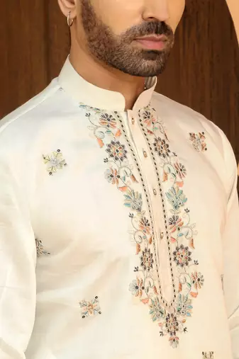 Cotton silk embroidered yoke design cream kurta with beige patiala salwar
