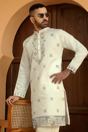 Cotton silk embroidered yoke design cream kurta with beige patiala salwar