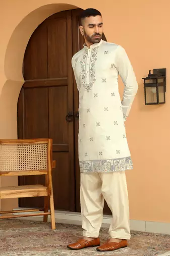 Cotton silk embroidered yoke design cream kurta with beige patiala salwar