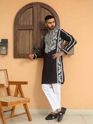 Cotton silk embroidered paisley black kurta with cotton trouser pant 1