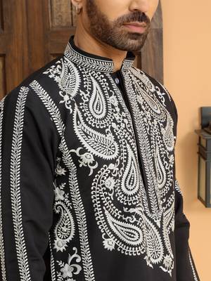 Cotton silk embroidered paisley black kurta with cotton trouser pant 2