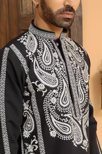 Cotton silk embroidered paisley black kurta with cotton trouser pant