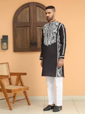 Cotton silk embroidered paisley black kurta with cotton trouser pant 4