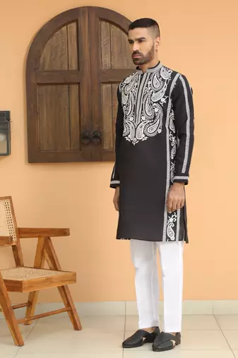 Cotton silk embroidered paisley black kurta with cotton trouser pant
