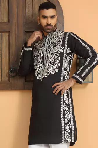 Cotton silk embroidered paisley black kurta with cotton trouser pant