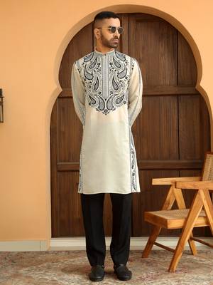 Cotton silk embroidered paisley cream kurta with cotton trouser pant 1