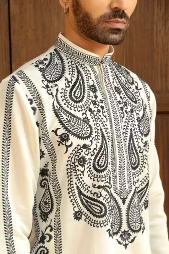 Cotton silk embroidered paisley cream kurta with cotton trouser pant