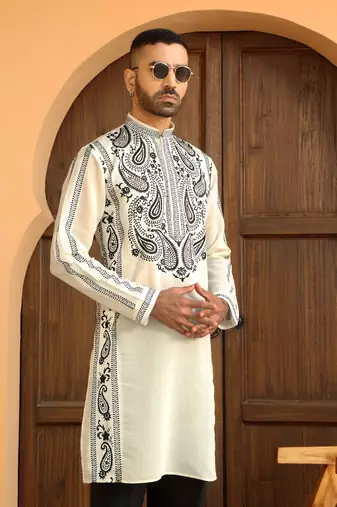 Cotton silk embroidered paisley cream kurta with cotton trouser pant