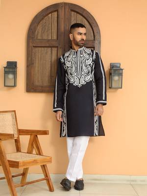 Cotton silk embroidered paisley navy blue kurta with cotton trouser pant 1
