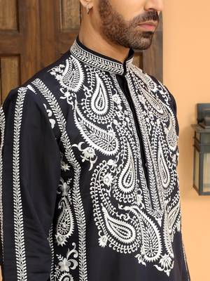Cotton silk embroidered paisley navy blue kurta with cotton trouser pant 2