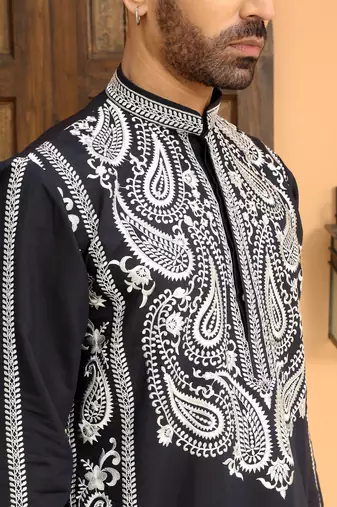 Cotton silk embroidered paisley navy blue kurta with cotton trouser pant