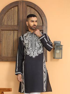 Cotton silk embroidered paisley navy blue kurta with cotton trouser pant 4