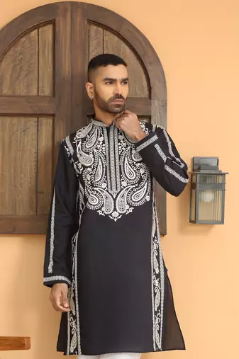 Cotton silk embroidered paisley navy blue kurta with cotton trouser pant