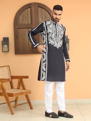 Cotton silk embroidered paisley navy blue kurta with cotton trouser pant 5