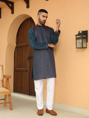 Cotton silk chevron embroidered blue kurta and white trouser pant 1
