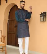 Cotton silk chevron embroidered blue kurta and white trouser pant