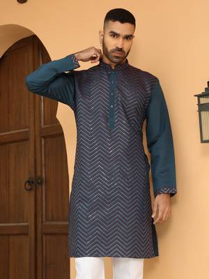 Cotton silk chevron embroidered blue kurta and white trouser pant 5