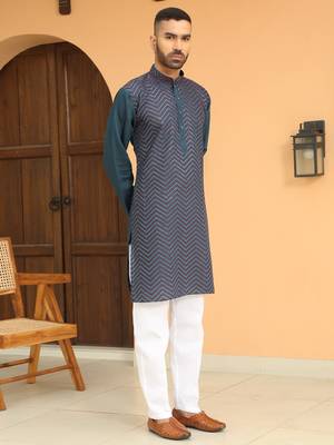 Cotton silk chevron embroidered blue kurta and white trouser pant 6