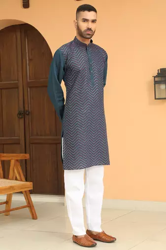 Cotton silk chevron embroidered blue kurta and white trouser pant