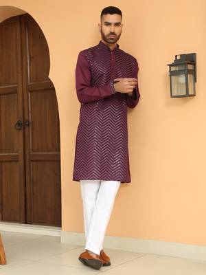 Cotton silk chevron embroidered maroon kurta and white trouser pant 1
