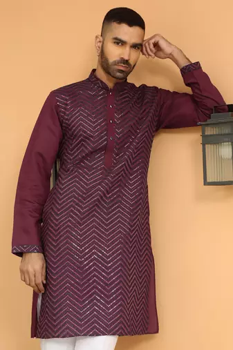 Cotton silk chevron embroidered maroon kurta and white trouser pant