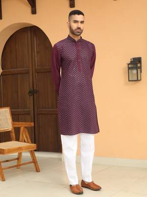Cotton silk chevron embroidered maroon kurta and white trouser pant 5
