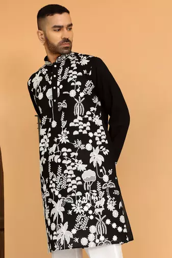 Ethnic motifs embroidered georgette black kurta with trouser pant