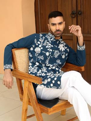 Ethnic motifs embroidered georgette blue kurta with trouser pant 1