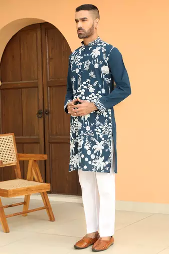 Ethnic motifs embroidered georgette blue kurta with trouser pant