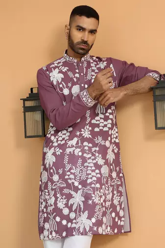 Ethnic motifs embroidered georgette mauve kurta with trouser pant