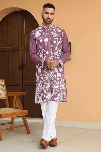 Ethnic motifs embroidered georgette mauve kurta with trouser pant