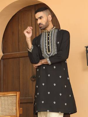 Zari embroidered cotton silk black kurta with beige elastic waistband salwar 1